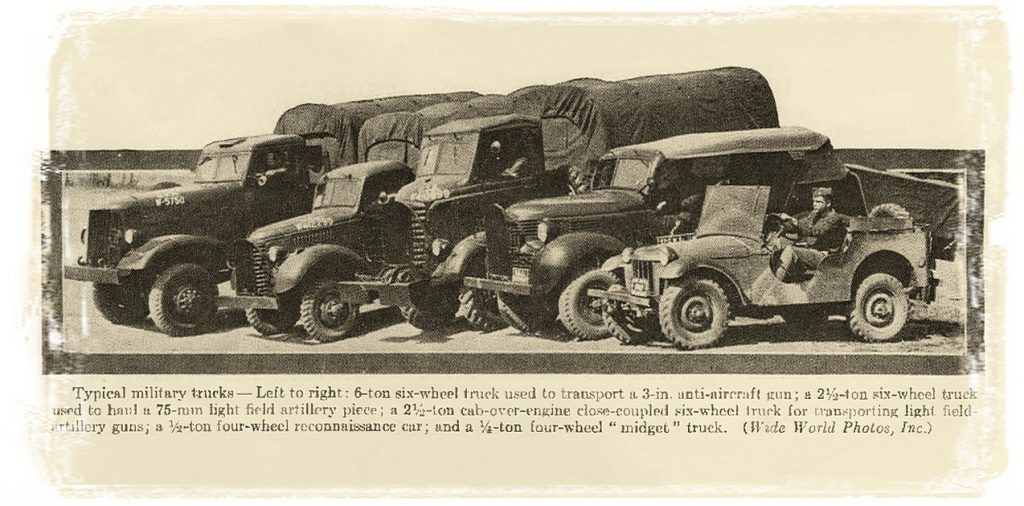 Американцы не делали секрета из создания джипа. В газетной заметке 1940 года пилотный образец Bantam сфотографирован вместе с выстроенными по грузоподъемности перспективными грузовиками армии США.