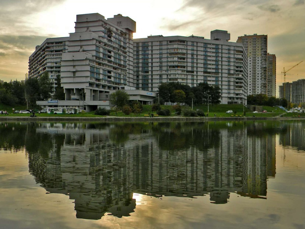Большой Чертановский Пруд, а на заднем плане - ОПЖР - образцово-перспективный жилой район с первыми советскими двухуровневыми квартирами