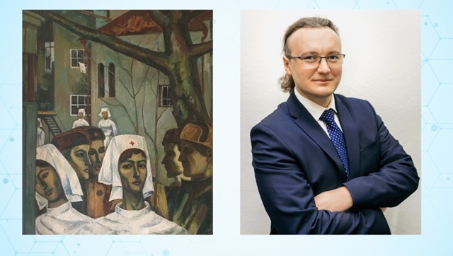 Алексей Александрович Каплиев вместе с картиной Альгерда Малишевского «Медсестры», очень красивой и яркой исторической художественной работой по истории белорусской медицины.