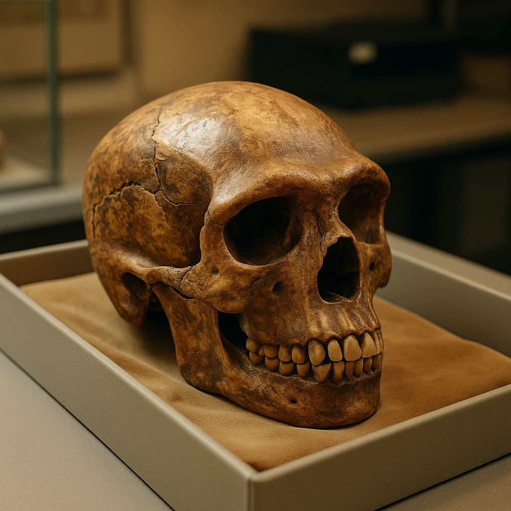 Реалистичный музейный кадр: череп денисовца Харбин аккуратно лежит на мягком лотке, позволяя разглядеть массивные надбровья и грубую текстуру костей — впервые мы видим столь естественный облик загадочных древних людей.