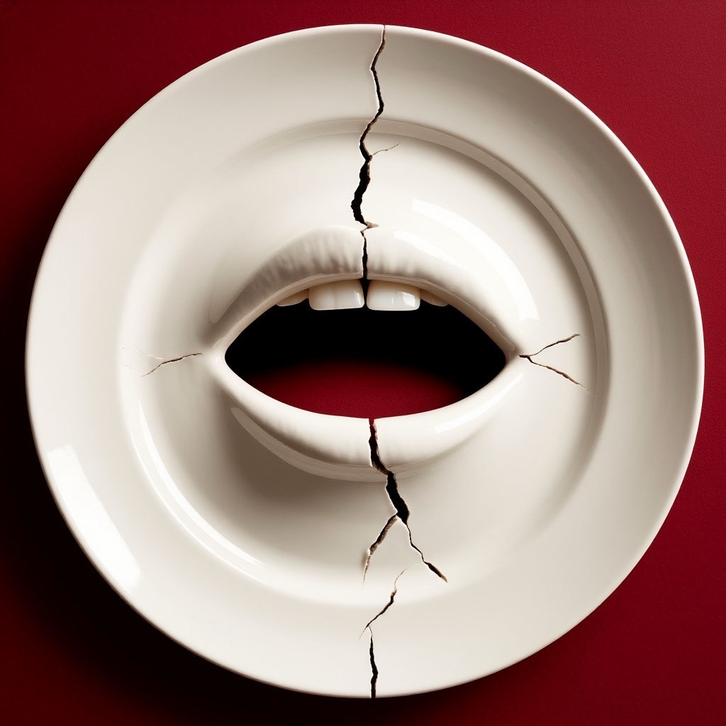 Фото  пустой, белой керамической тарелки  (символ ненасытной пустоты), в ее центре – трещина  в форме разомкнутого рта