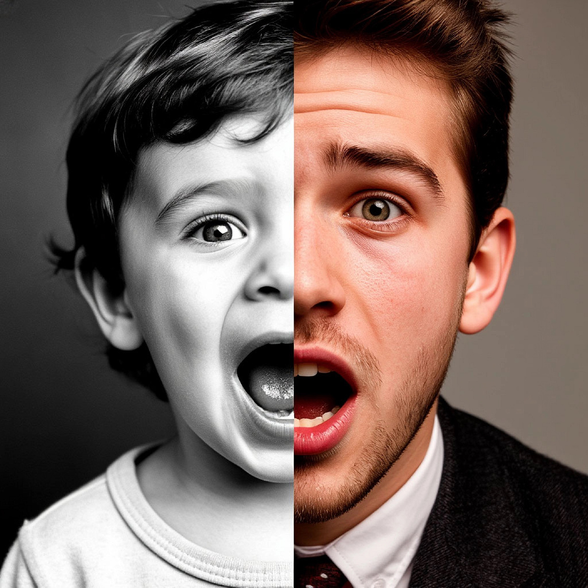 Коллаж: детская черно-белая фотография (символ истоков) с открытым ртом и  наложенное изображение современного человека с открытым «голодным» ртом.