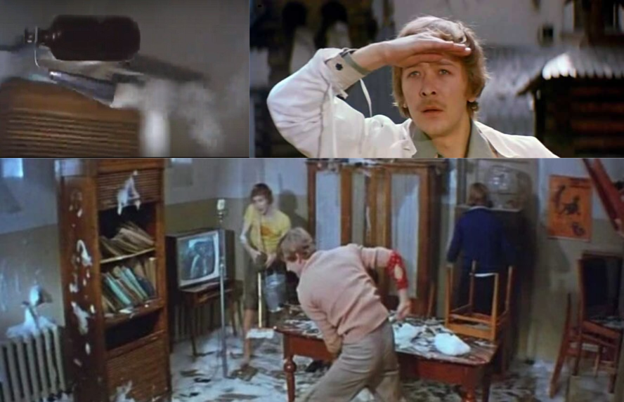 Вот так он и срабатывает, этот механический огнеборец, если пустить всё на самотек (коллаж кадров из комедии СССР «Усатый нянь»)