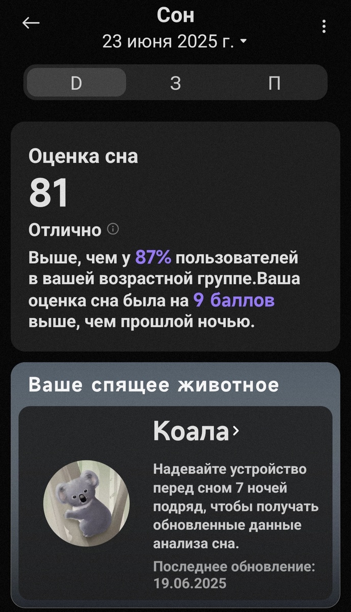 Анализ сна от приложения Mi Fitness. Снимок экрана телефона автора.