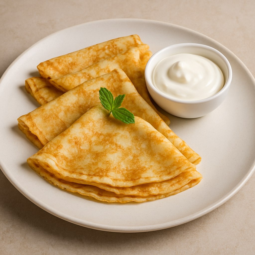 Классические блины со сметаной и сахаром — это настоящий символ домашнего уюта! Тонкие, эластичные, с золотистой корочкой, они идеально подходят для завтрака или семейного чаепития. На фото видно, как аппетитно смотрятся блины, сложенные треугольниками и поданные с густой сметаной — просто добавь немного сахара, и получится тот самый вкус детства. 