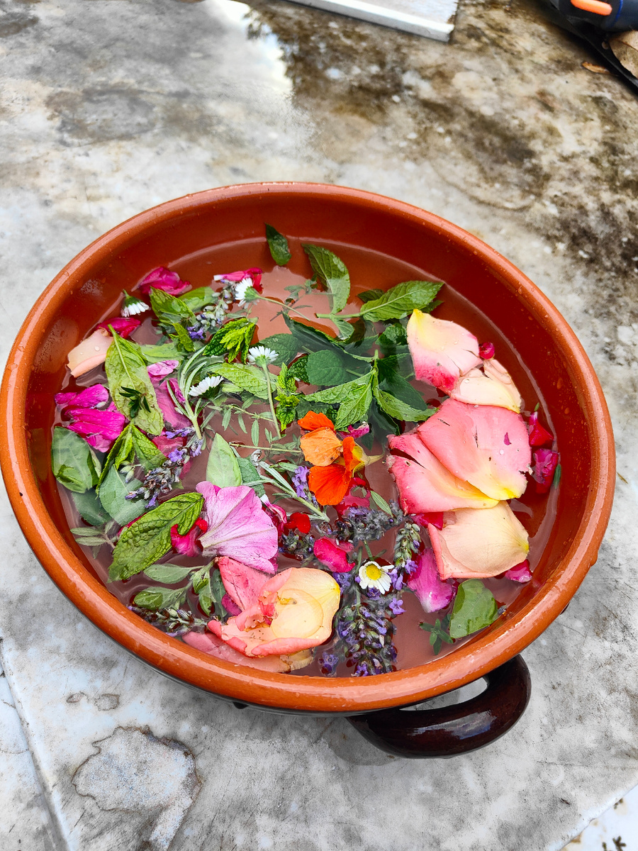 Вода с лепестками цветов и ароматными листочками