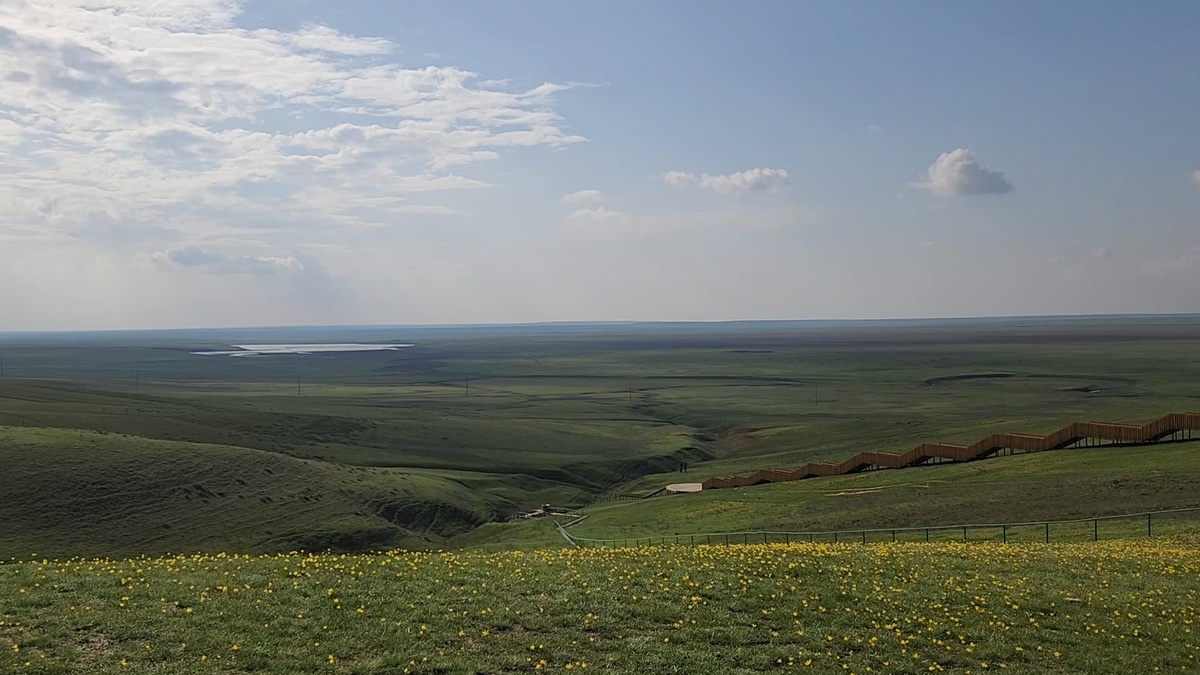 Тополь – единственная доминанта местности. Виды шикарные. Ступени ведут к родникам
