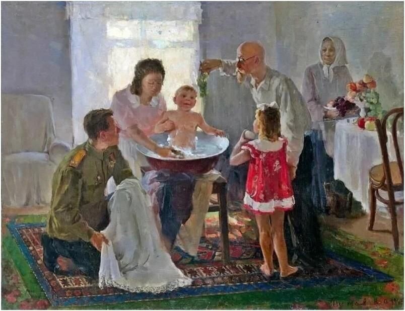 К.А.Титов (1913-1996). Семья, купающая ребенка. 1947 г.