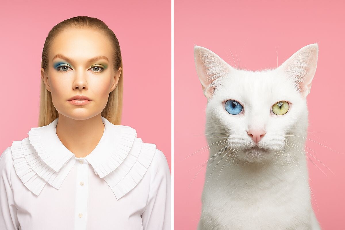 Художественный диптих: женщина и кошка с одинаковыми цветовыми акцентами