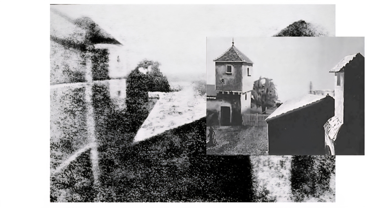 Вид из окна Ле Гра. Жозеф Ньепс 1826 год. Съемка длилась 8 часов.