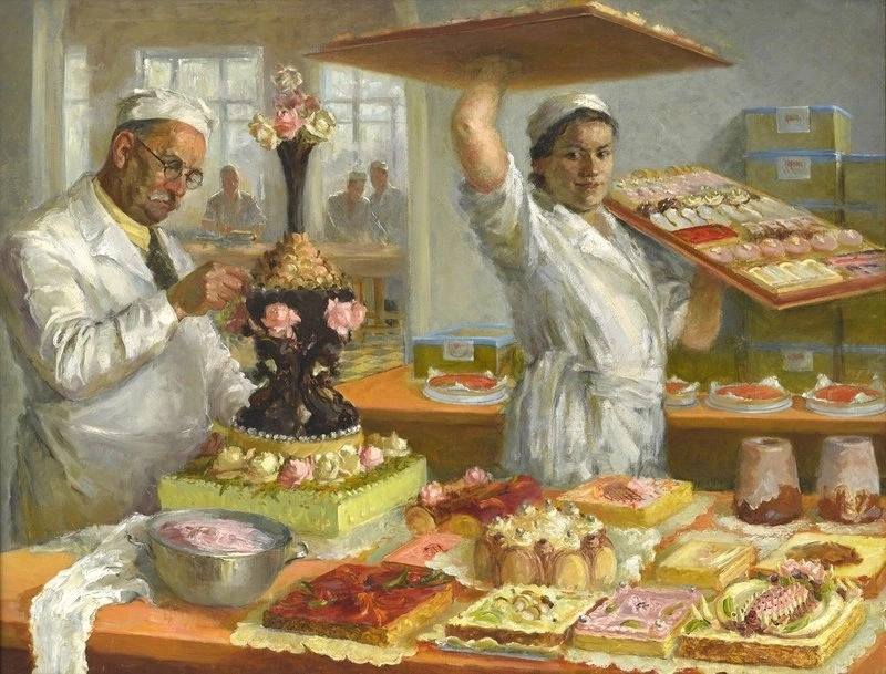 Ольга Яновская (Ряжская) (1900—1998). «Мастера тортов», 1937—1938гг Холст, масло. 129,5×169,5 см. Государственный музейно-выставочный центр «РОСИЗО», Москва. 