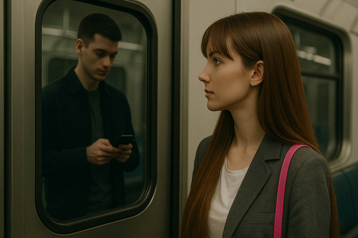 ИИ сгенерировал максимально точное изображение. Я была с челкой, в белой футболке, сером пиджаке и с ярко-розовой сумочкой. Я шатенка, он - брюнет. 