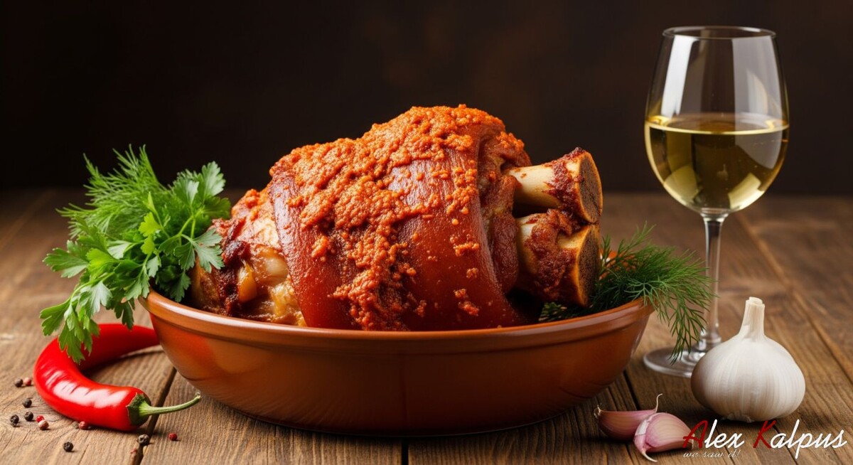 Свинная канчи, приготовленная с добавлением аджики в маринаде и смазанная аджикой при подаче! Острое, что бы рот горел!