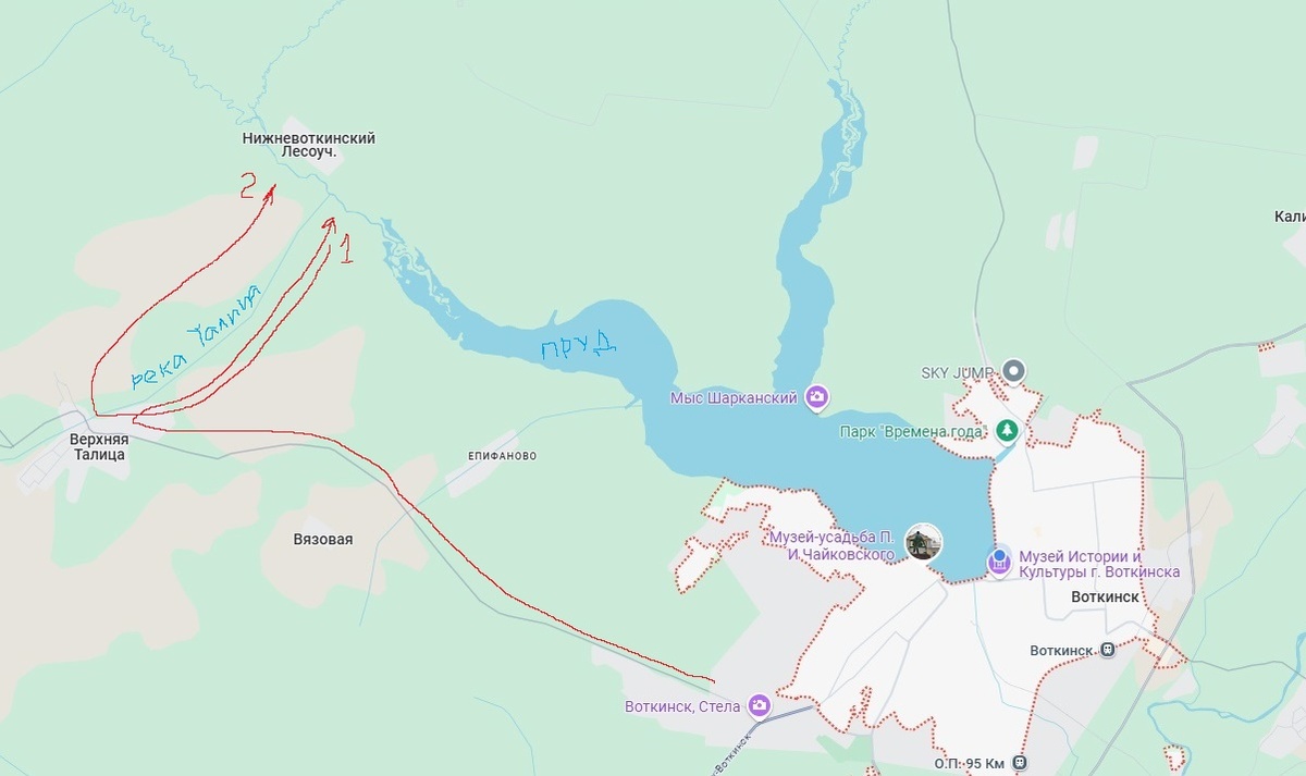 Карта с моимим отметками (красные линии и стрелки, 1 - первая стоянка, 2 - вторая)