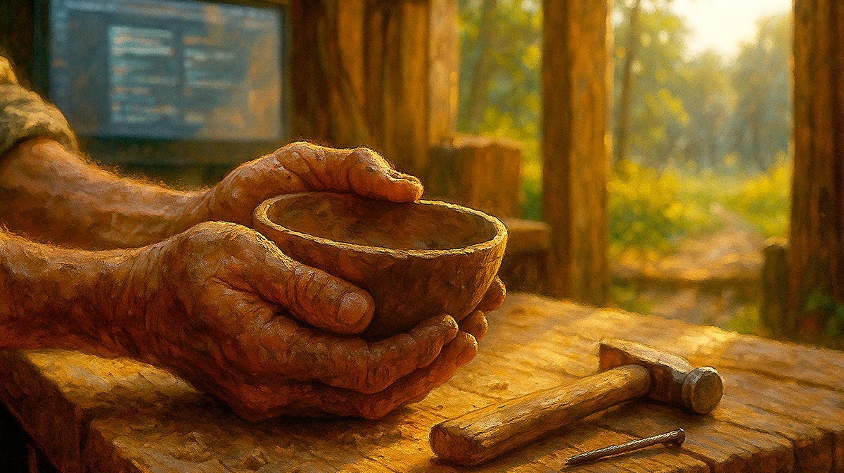 Гвоздь — точка возврата, молоток — звук, в котором ты есть. Настоящее — шершавое, но тёплое. Как ты.