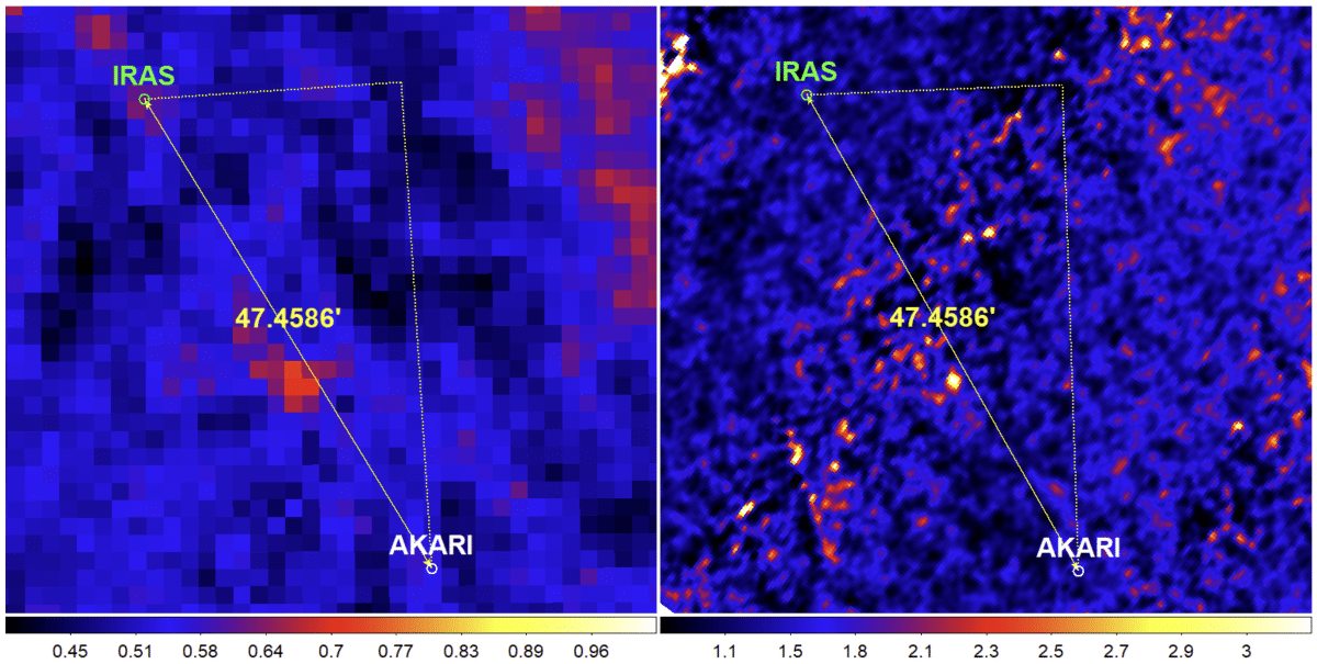 Местоположение кандидата в Девятую планету на снимках IRAS (слева) и AKARI (справа). На снимке AKARI точка не видна, потому что там «подсвечены» быстро движущиеся объекты / © Terry Long Phan et al, arxiv (2025)