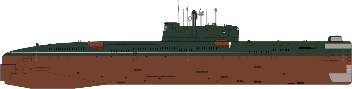 Схематичный рисунок ПЛ проекта 651Э. Вспомогательная ядерная силовая установка размещалась в выступающей нише в кормовой части. Источник: Mike1979 Russia, CC BY-SA 4.0 <https://creativecommons.org/licenses/by-sa/4.0>, via Wikimedia Commons