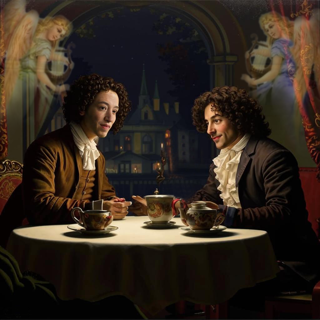 вдохновение в нашей русской жизни?
Пушкин наклонился вперед, как бы готовясь поделиться большим секретом:
— Знаешь, однажды я решил прогуляться по Невскому проспекту. И вдруг увидел, как один старик с 
бородой, одетый в лохмотья, пытался продать свои стихи прохожим. Я остановился, и он с гордостью 
прочитал мне свои творения. Это было так трогательно и смешно одновременно! Я понял, что 
вдохновение может прийти откуда угодно.
— Интересно, — сказал Бальзак, потирая подбородок. — А ты не думал, что этот старик мог бы стать 
персонажем твоего следующего жизненного стихотворения?
— Возможно, — ответил Пушкин, — но, боюсь, его стихи были бы слишком хороши для того, чтобы 
помещать в мои строки. К тому же, кто бы мог поверить, что такой мастер может сидеть на улице?
Оба поэта весело рассмеялись, и разговор стал плавно переходить на обсуждение литературы и 
искусства. Они делились друг с другом своими интересными мыслями о жизни, о любви, о том, как 
трудно быть творцом в этом сложном мире.
— Знаешь, — сказал, задумчиво, Бальзак, — иногда мне кажется, что литература — это как игра в 
шахматы. Мы ставим фигуры, пытаемся предугадать ходы, а в конце концов, все сводится к одной 
решающей партии.
— Да, — согласился с приятелем Пушкин, — но в нашей игре, друг мой, имеется одно важное 
правило: нельзя забывать о радости. Ведь в каждой строке, в каждом слове должно быть место для 
счастья, даже если речь идет о совсем грустных вещах.
Вечер продолжался, и два больших гения литературы, забыв о быстротечном времени, обсуждали 
искусство, жизнь и свои оригинальные мечты. Они понимали, что, несмотря на разные страны, 
культуры и разные традиции, их объединяет одно — любовь к слову и стремление запечатлеть 
прекрасные и незабываемые мгновения жизни в своих великих произведениях.
Так, в этот осенний холодный вечер, в теплой атмосфере дружбы и взаимопонимания, родились 
новые творческие идеи и вдохновение, которые вскоре обернулись новыми шедеврами в 
литературе.