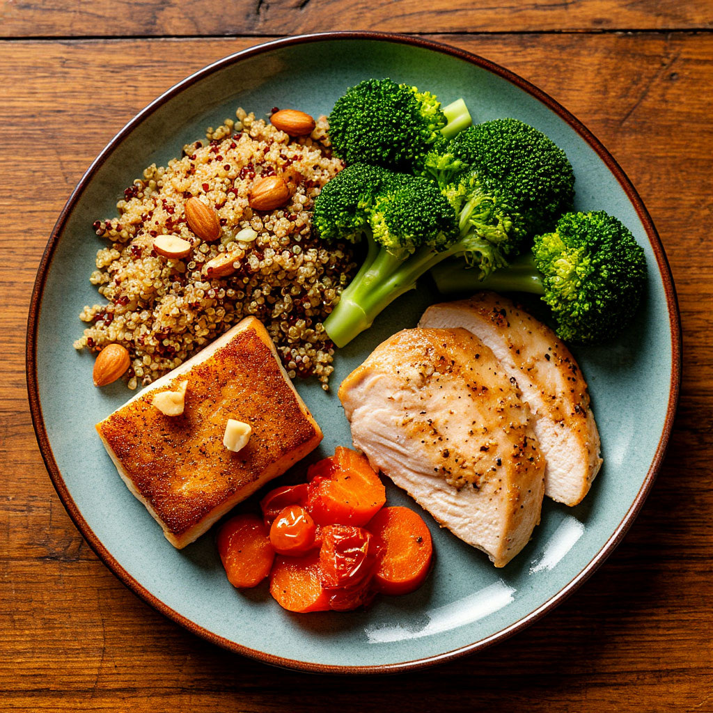 Сравнение тарелки с разнообразной едой и скучным блюдом из куриной грудки.