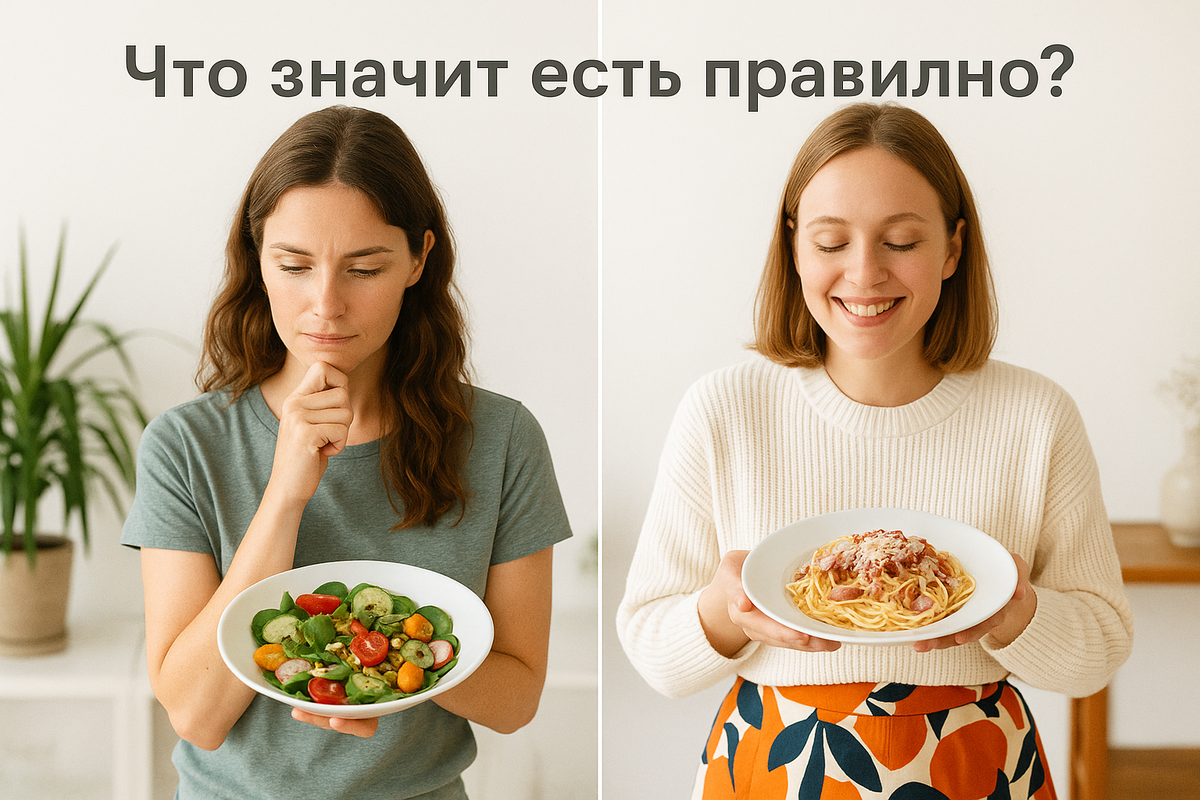 Коллаж с девушкой, выбирающей между салатом и пастой. Что значит есть правильно?