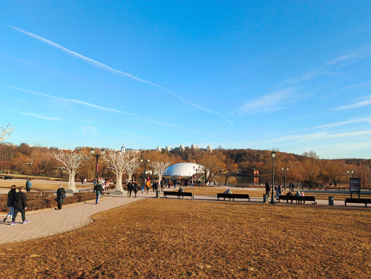 Над фонтаном на острове ещё не сняли защитный зимний купол. Вдали на горке видны башни царицинского дворца.