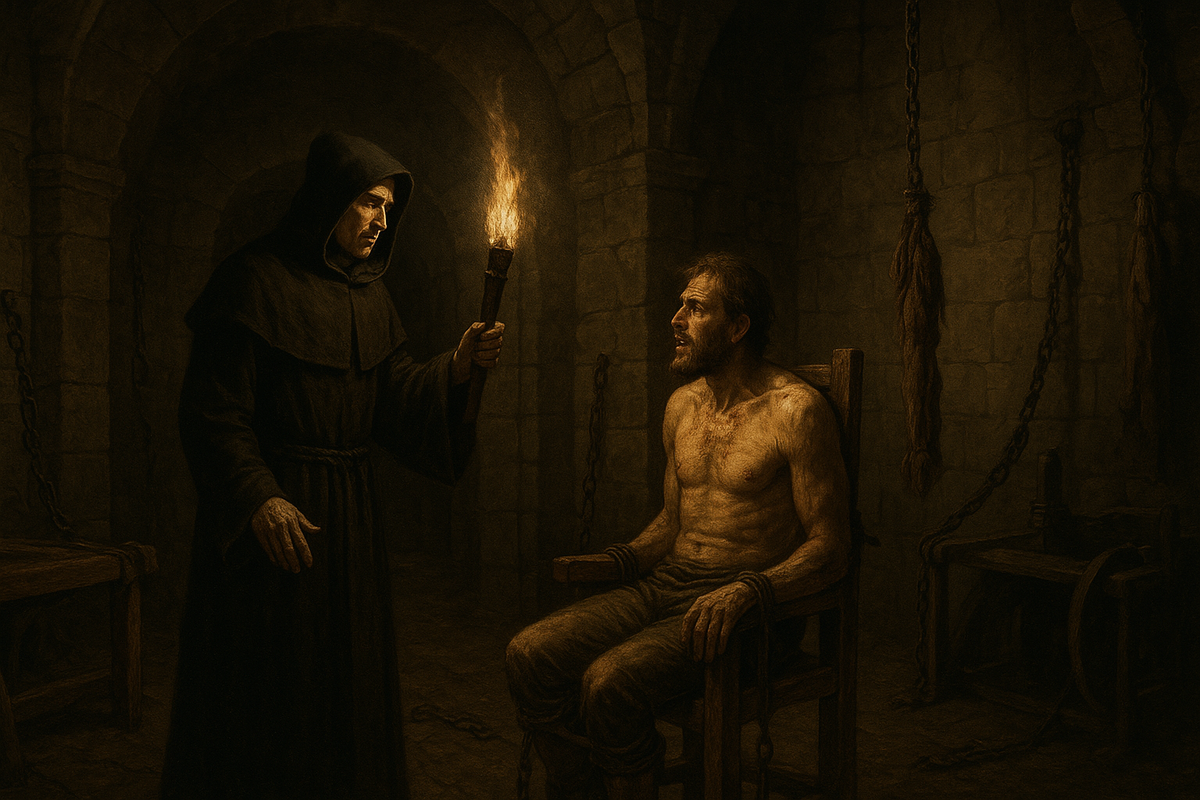 Тёмная средневековая темница, где инквизитор в чёрной мантии допрашивает связанного пленника при свете факела. Каменные стены, цепи и орудия пыток, такие как дыба и страппадо.