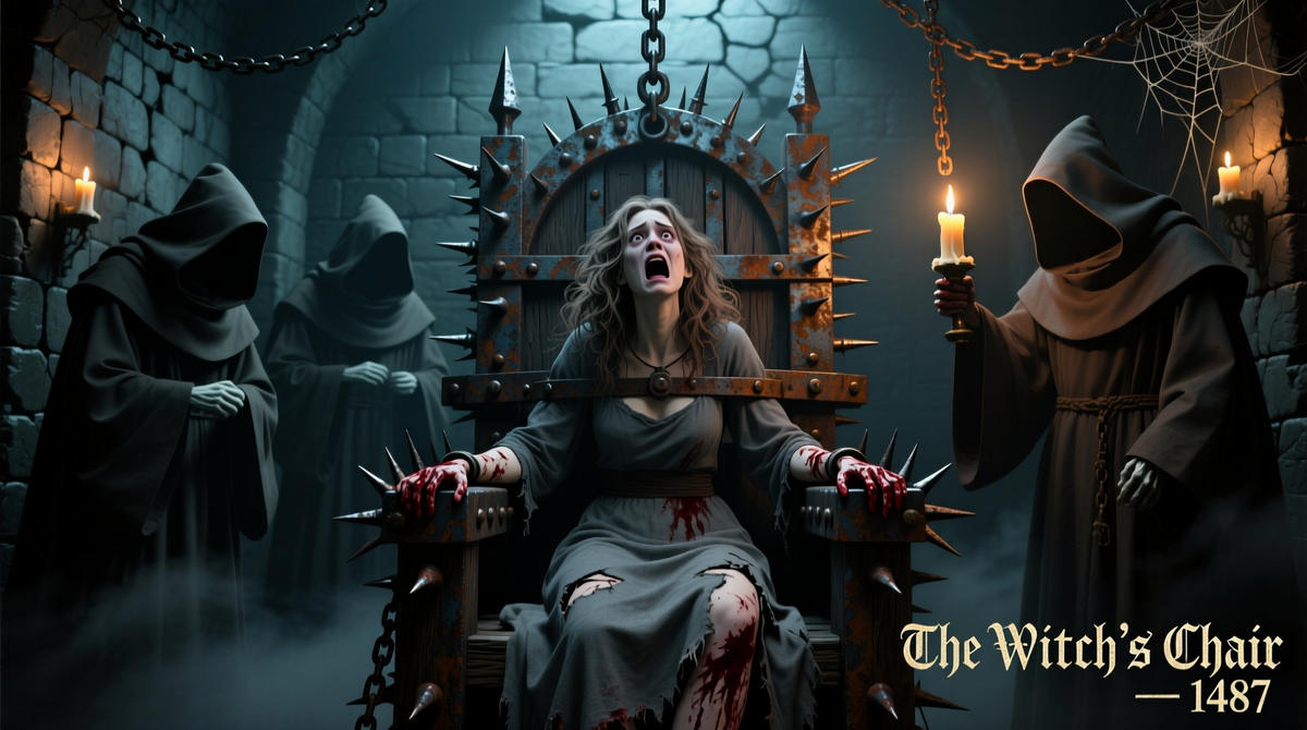 Крупный план средневекового орудия пыток под названием «ведьмин стул», сделанного из железа и дерева, усеянного шипами, на котором сидит перепуганная женщина в окружении мрачных монахов.