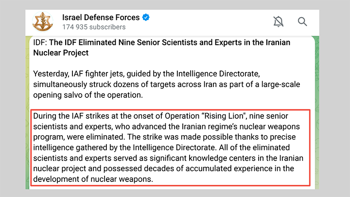    Скриншот фрагмента сообщения в телеграм-канале ЦАХАЛ. t.me/idfofficial