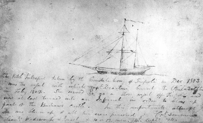 Рисунок кеча USS "Интрепид", выполненный участником операции мичманом Уильямом Льюисом.