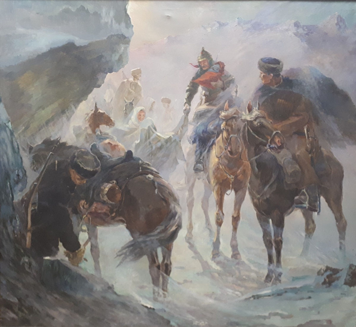 Н.И.Барченков. Переход С. Орджоникидзе через Ассиновское ущелье. 1941. Государственный центральный музей современной истории России.