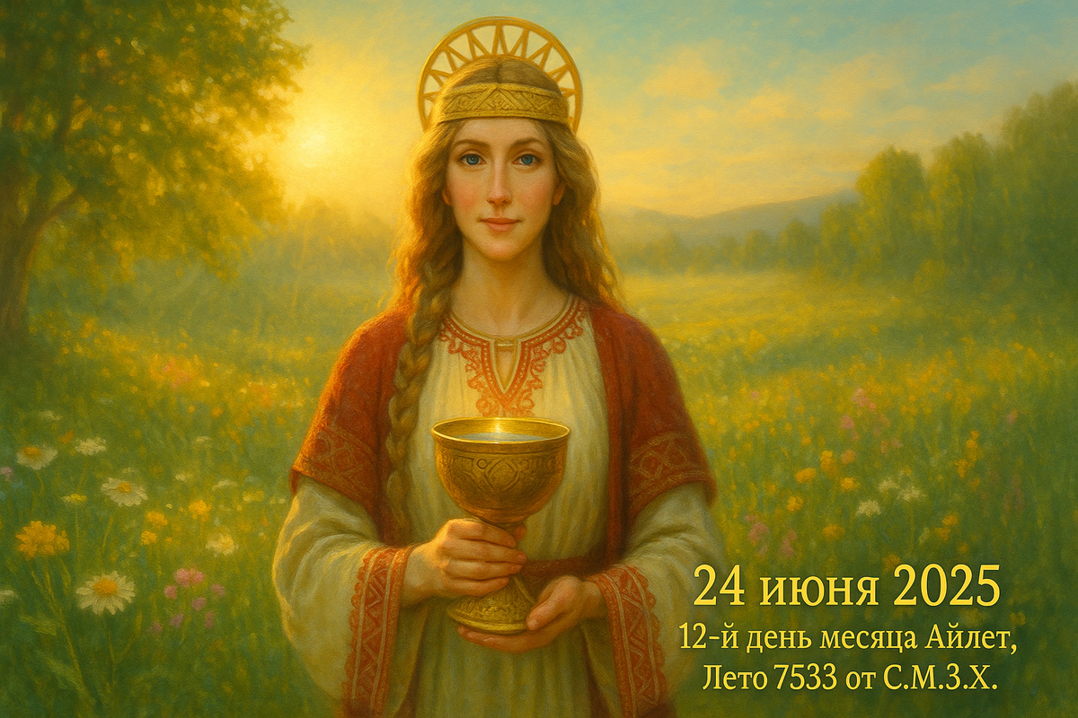 Великая Лада держит в руках Чашу Мира. Свет её мягкий, как роса над лугом. От Лады расходятся узоры, в которых — судьбы, союзы, обретения. Тот, кто коснётся её Света — обретёт Лад в себе и в мире.