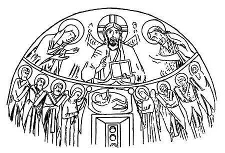 Младенец Христос лежит в колыбели или чаше. Вверху — взрослый Христос. Апсида храма Святого Иоанна Предтечи в Верхоречье. Реконструкция археолога О. Домбровского 