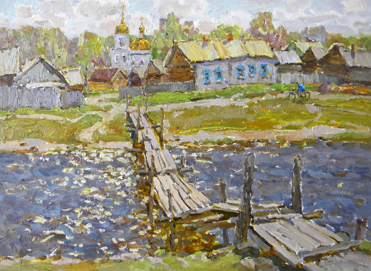 Николай Лукашук "Мостик в Рождествено" 2025 картон, масло 50х40 