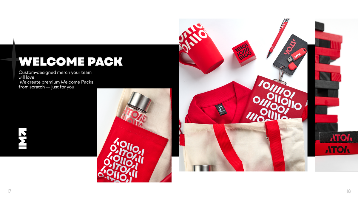 Welcome pack для ATOL. Мини дженка, шоппер с карманом, бутылка с круговой печатью, анстистресс с печатью, ручка софт тач с логотипом, чехол для пропуска с логотипом, флешка soft touch  с логотипом