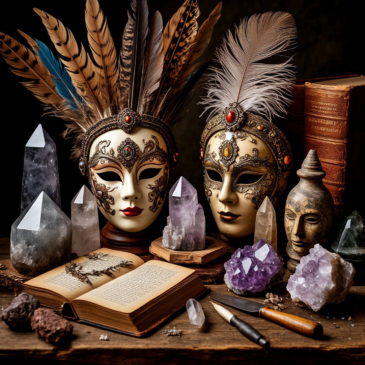 Маски, кристаллы, перья, старые книги, необычные камни, инструменты – композиции, намекающие на содержание архетипов. 