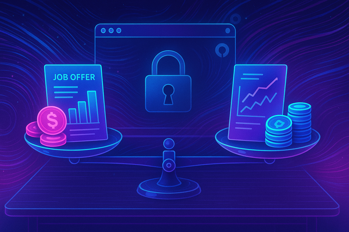 Футуристичная неоновая иллюстрация: на тёмном фоне пульсирующих цифровых линий две прозрачные чаши весов взвешивают «офер с графиком» и «пакет акций», а между ними парит полупрозрачное окно браузера с сияющим замком — намёк на локальное и приватное хранение данных.