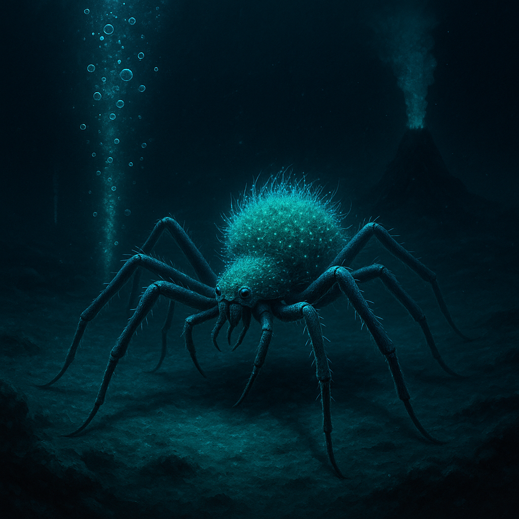 Под мрачносиним светом бездны морской паук Sericosura медленно ползёт по дну. Его шаровидное тело покрыто пушистым слоем светящихся метановых бактерий, создавая аквамариновое сияние. Справа поднимаются струи пузырьков метана, а вдалеке тлеет чёрный курильщик — источник энергии для этого необычного симбиоза.