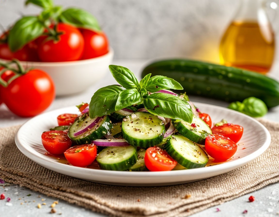 Салат из свежих огурцов и помидоров с базиликом