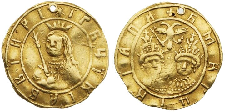 Иван, Петр, Софья. Наградной золотой в один угорский за Крымский поход 1687 г. Золото, вес- 3,46 г.