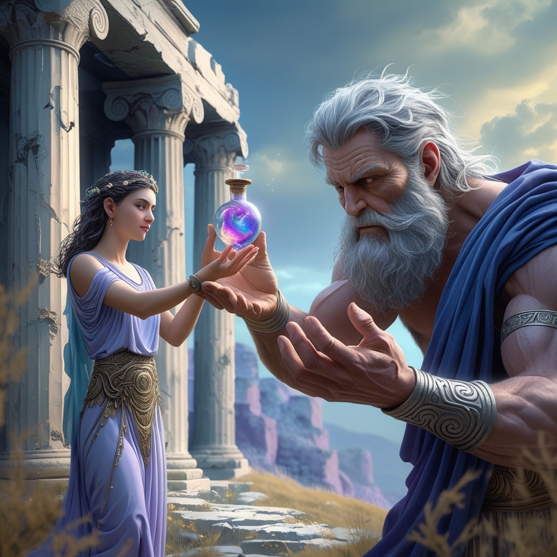 Метида передаёт зелье Кроносу, чтобы тот извергнул Гестию, Деметру, Геру, Аида и Посейдона.