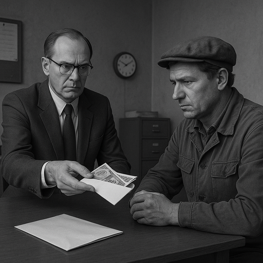 Советский рабочий 1980-х получает зарплату "в конверте"