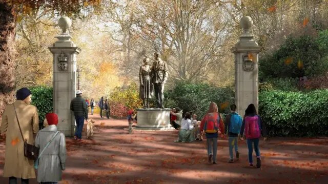 В рамках проекта будут построены две пары новых ворот и совместная статуя Елизаветы II c принцем Филиппом. FOSTER + PARTNERS