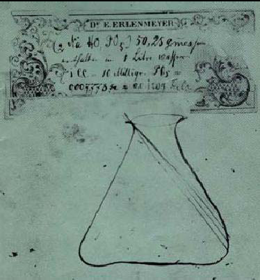 Оригинальная конструкция колбы Эрленмейера. 1861 г. Источник фото: https://clck.ru/3MmR5o.