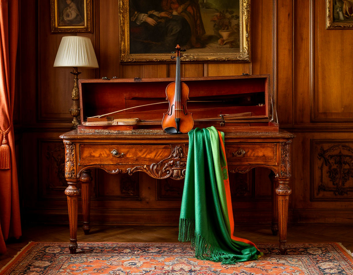 Шедеврум Старинный стол, скрипка и шарф