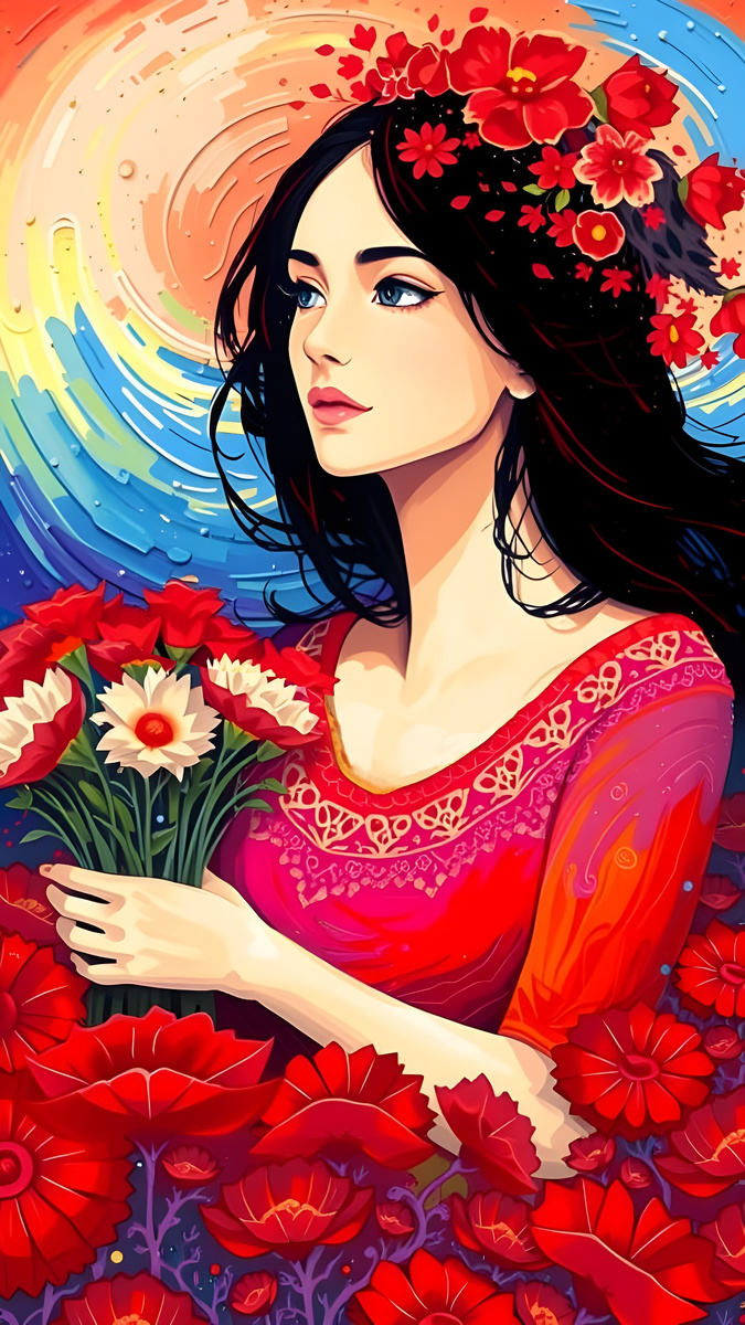 Алый венок. Иллюстрация создана с помощью нейросетей DreamAl и Flux Schnell и программы Photoshop.