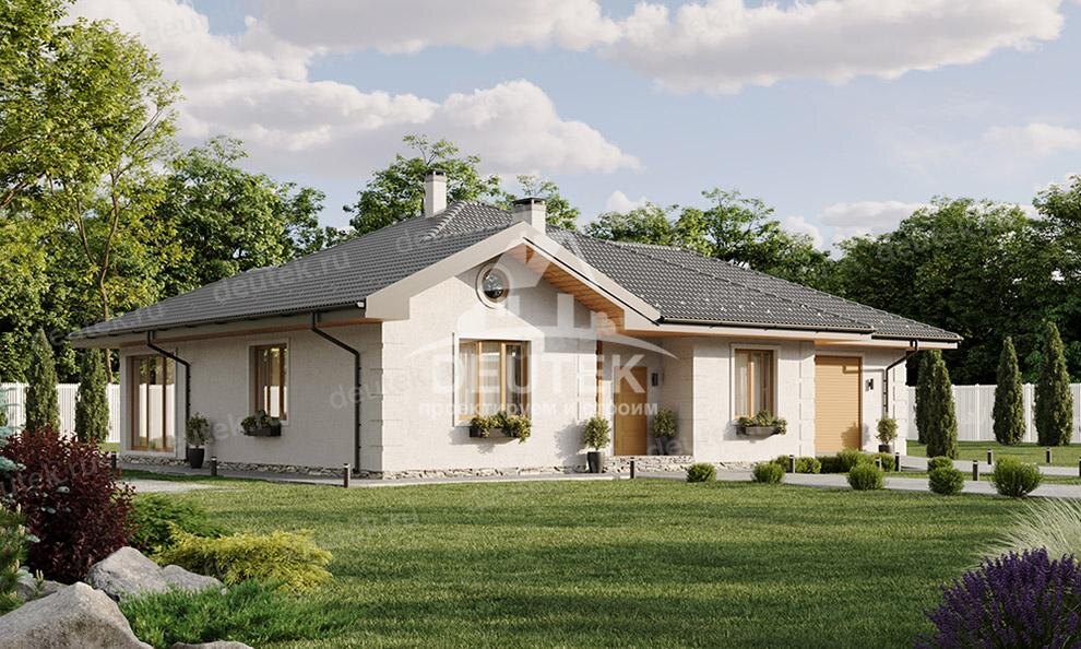 Проект одноэтажного дома 165 м2 с одноместным гаражом, кабинетом и верандой