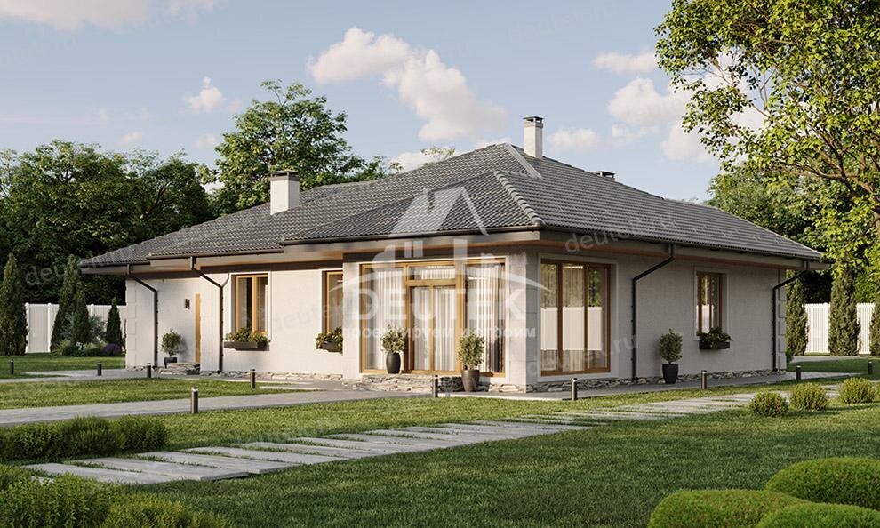 Проект одноэтажного дома 165 м2 с одноместным гаражом, кабинетом и верандой