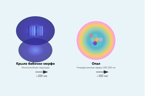 природные примеры фотонных кристаллов - крылья бабочки морфо с многослойной структурой и опал с упорядоченными сферами кремнезёма