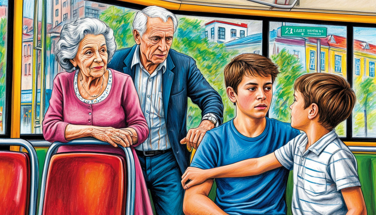 Эй, ты! – говорит мальчик, дёргая парня за рубашку. 