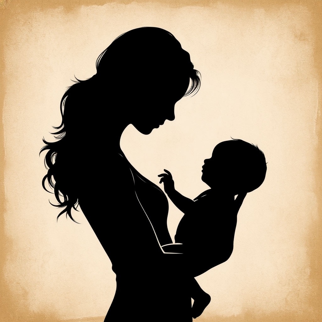 Тень материнской фигуры, сливающаяся с силуэтом младенца.